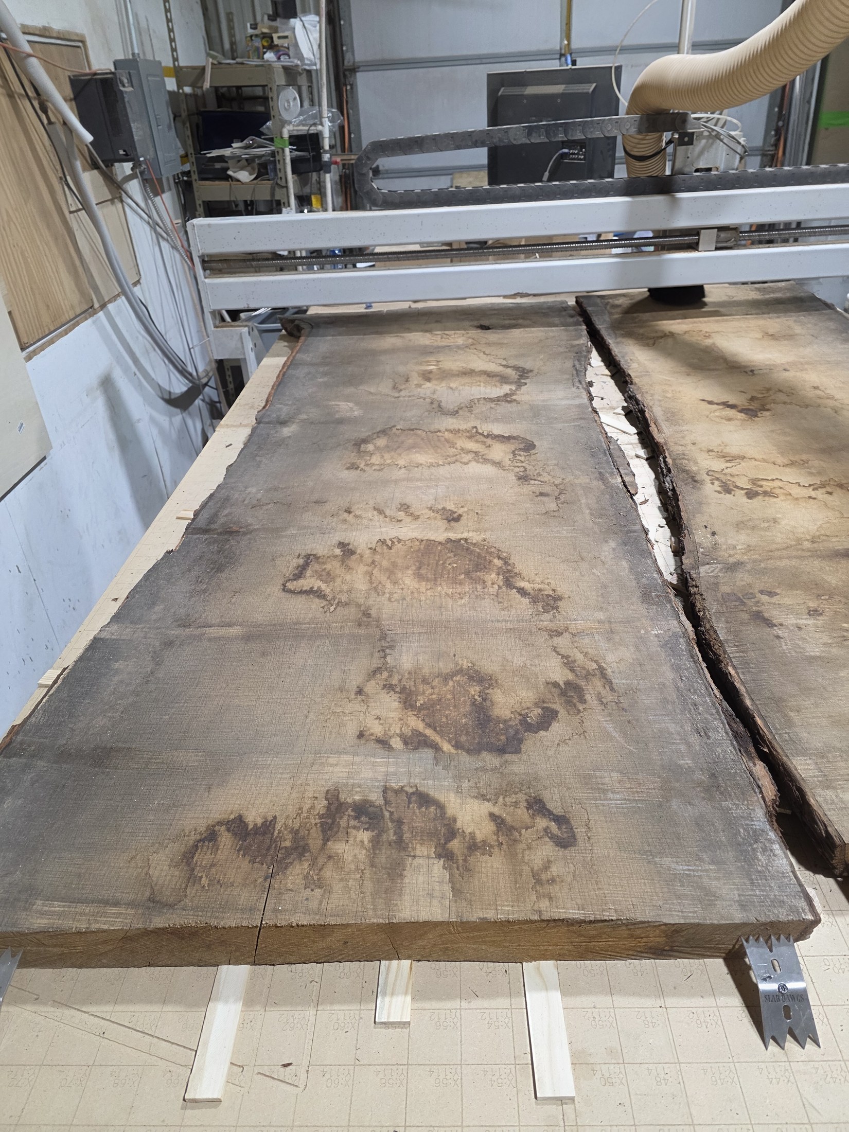Two rough live-edge slab sections with dark weathered faces positioned on the CNC bed before surfacing.