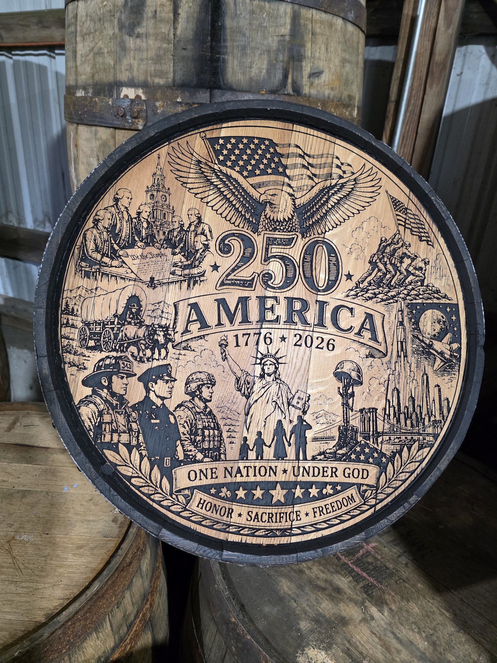 Angled close view of the engraved America 250 barrel cap with patriotic scenes and a dark rim.