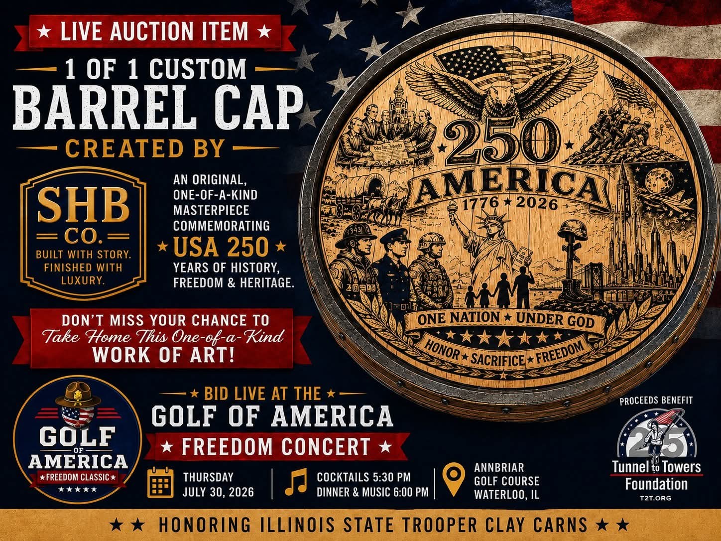 Event artwork advertising an SHB America 250 barrel cap for the Golf of America Freedom Classic live auction.